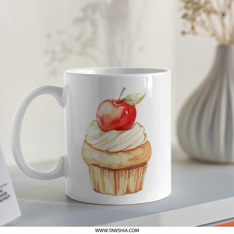 Apple Cupcake Mug, Watercolor Design, Dessert Lover Gift, Coffee Mug, Tea Cup, Cute Kitchen Decor, Unique Mug, Sweet Treat Gift - Tawshia