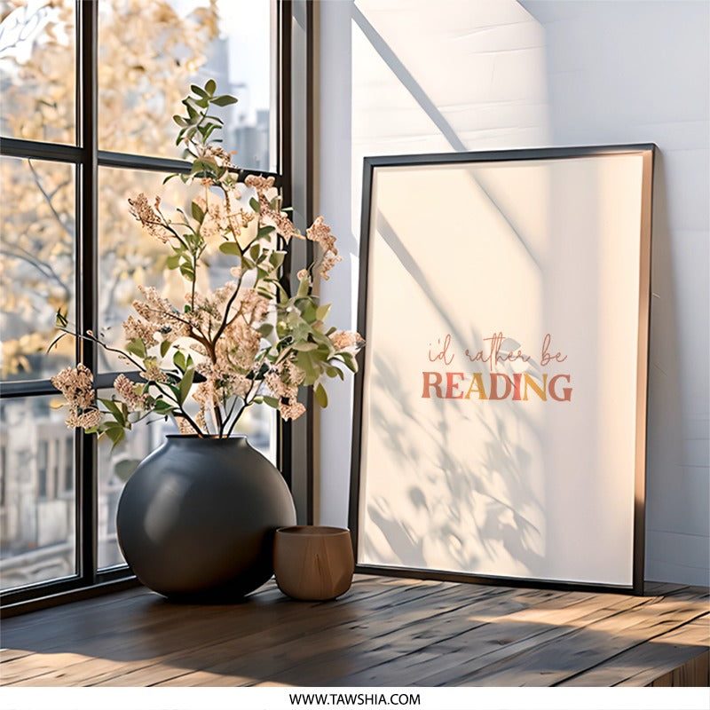 Reading Framed Wall Art, Book Lover Decor, I'd Rather Be Reading Print, Minimalist Art, Home Library Art, Gift for Reader, Black Frame - Tawshia
