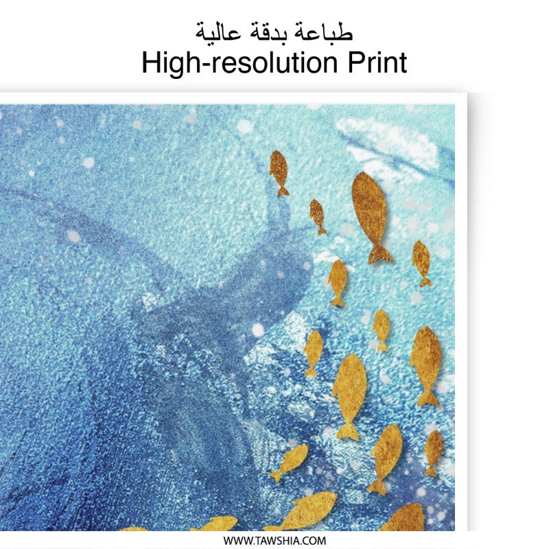 Golden Fish Photographic Print, Blue Abstract Art, Ocean Wall Decor, Modern Home Art, Sea Life Print - Tawshia