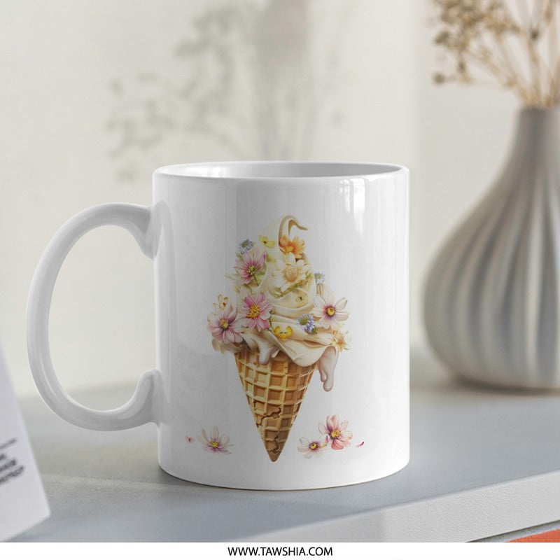 Floral Ice Cream Cone Mug, Spring Flowers Mug, Watercolor Ice Cream Art Mug, Cute Coffee Mug, Dessert Lover Gift, Whimsical Mug - Tawshia