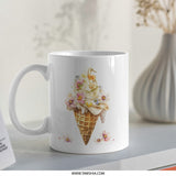 Floral Ice Cream Cone Mug, Spring Flowers Mug, Watercolor Ice Cream Art Mug, Cute Coffee Mug, Dessert Lover Gift, Whimsical Mug - Tawshia