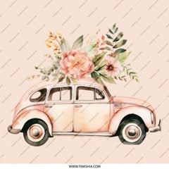 Pink Car Pinback Button, Floral Car Button, Vintage Car Button, Flower Car Pin, Cute Car Badge, Retro Car Pinback, Car Lover Gift - Tawshia
