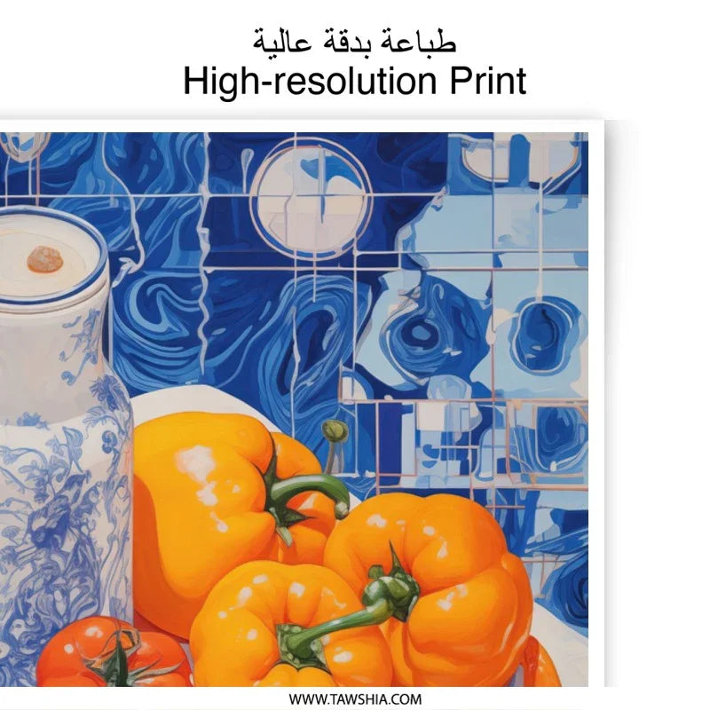 Still Life Photographic Print, Kitchen Art, Blue and White Decor, Pepper Art Print, Food Photography Print, Tomato Print, Citrus Art - Tawshia
