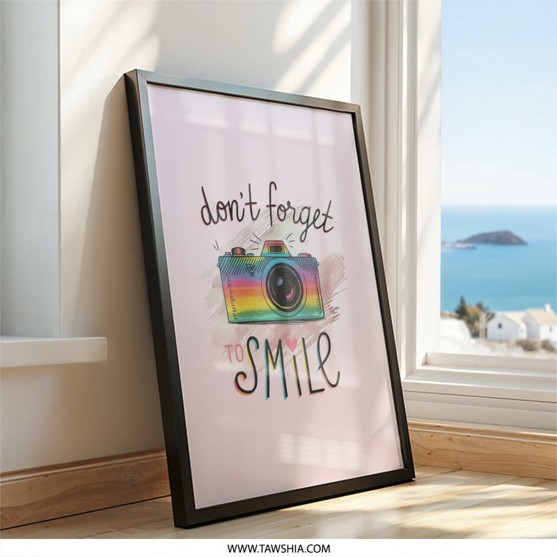Dont Forget to Smile Framed Wall Art, Camera Rainbow Art, Inspirational Quote Art, Positive Affirmation Decor, Photography Gift - Tawshia