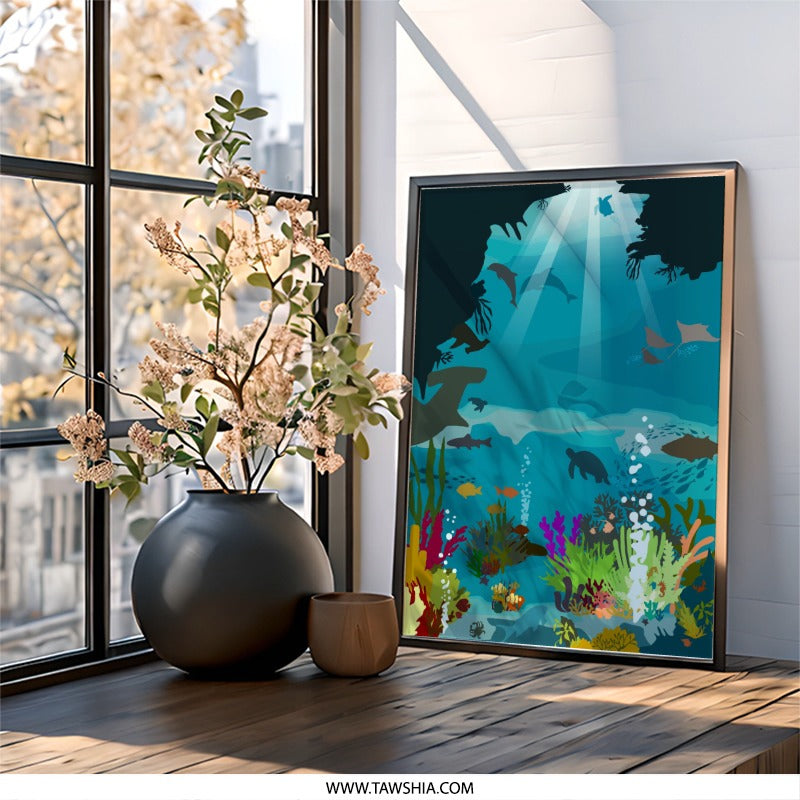 Ocean Wall Art, Undersea Print, Marine Life Decor, Sea Animals Poster, Ocean Scene Artwork, Coastal Home Decor, Nautical Wall Decor - Tawshia
