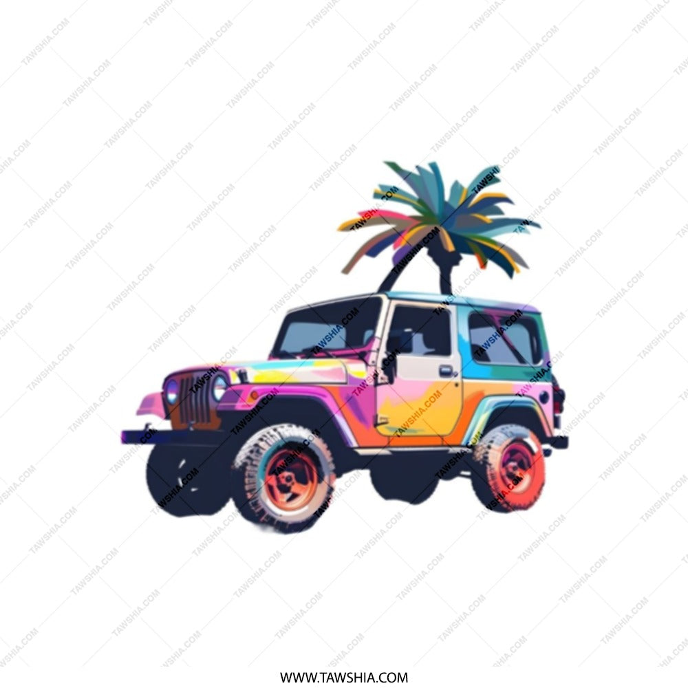 Colorful Jeep Tote Bag, Palm Tree Art Tote, Tropical Beach Tote, Summer Vibes Bag, Gift for Jeep Lover, Vacation Tote Bag, Trendy Everyday - Tawshia