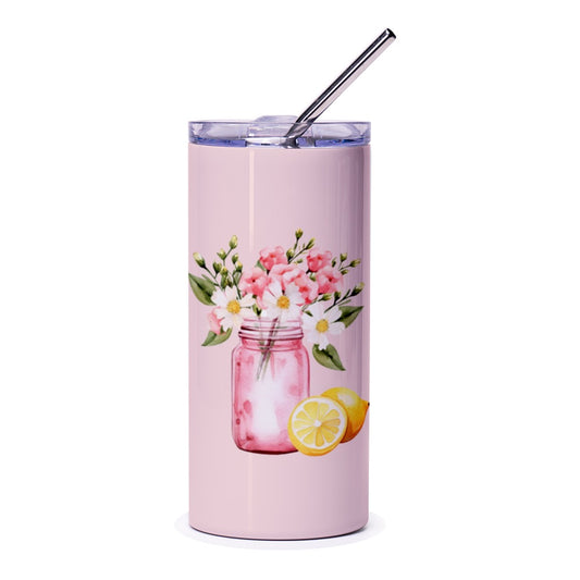 Floral Mason Jar Tumbler, Lemon Tumbler, Pink Watercolor Flower Tumbler, Cute Travel Tumbler, Gift For Her, Summer Tumbler, Beverage Tumbler - Tawshia