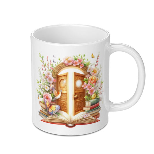 Floral Door Mug, Fantasy Book Lover Gift, Reading Mug, Bookish Mug, Butterfly Bird Mug, Unique Gift, Coffee Mug, Tea Mug, Novelty Mug - Tawshia