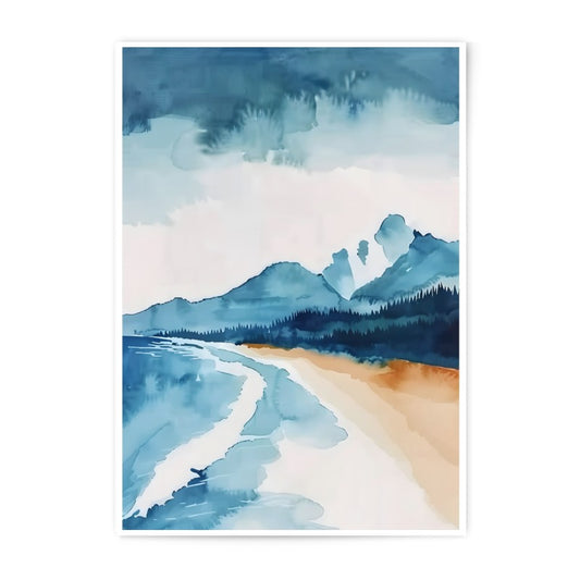 Watercolor Seascape Photographic Print, Coastal Mountain Range Art, Beach Scene Painting, Blue Ocean Waves, Nature Wall Decor - Tawshia