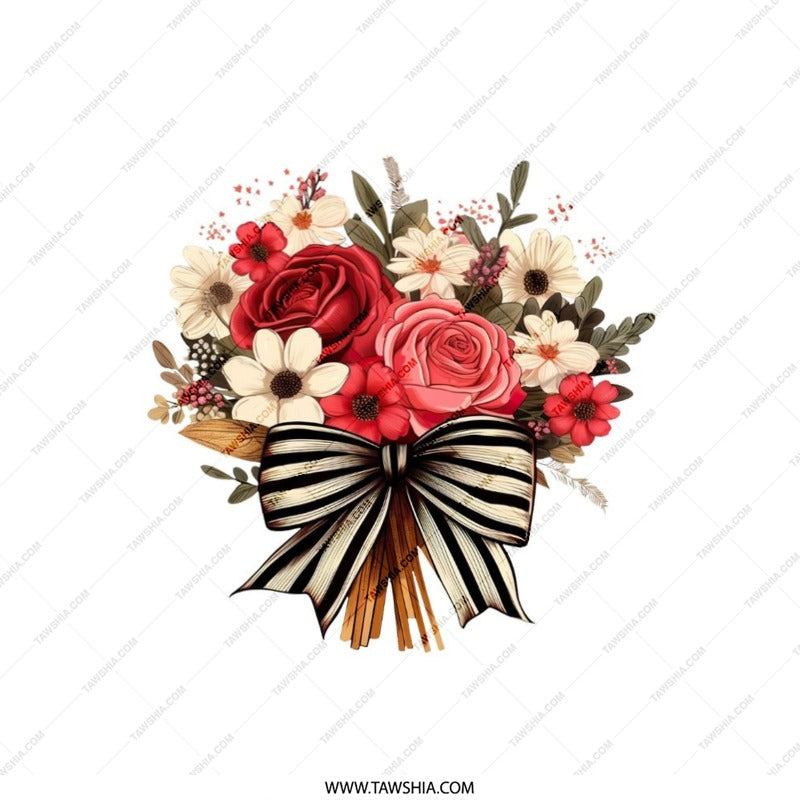 Floral Bouquet Pillow, Roses and Daisies, Striped Bow Decor, Flower Arrangement Throw Pillow, Home Decor Gift, Accent Pillow - Tawshia