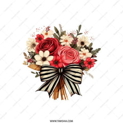 Floral Bouquet Pillow, Roses and Daisies, Striped Bow Decor, Flower Arrangement Throw Pillow, Home Decor Gift, Accent Pillow - Tawshia