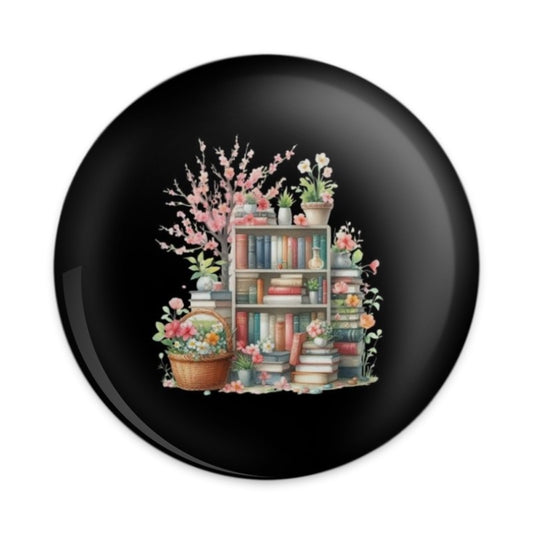 Bookshelf and Flowers Pinback Button, Book Lover Gift, Literary Button, Floral Accessories, Reader Gift, Spring Decor, Cute Button - Tawshia
