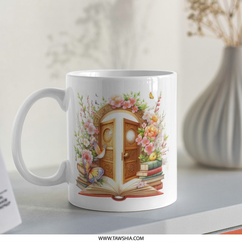 Floral Door Mug, Fantasy Book Lover Gift, Reading Mug, Bookish Mug, Butterfly Bird Mug, Unique Gift, Coffee Mug, Tea Mug, Novelty Mug - Tawshia