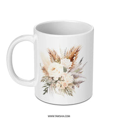 Boho Floral Mug, Rose and Pampas Grass, Rustic Flower Cup, Watercolor Bouquet Design, Chic Coffee Mug, Elegant Gift Idea - Tawshia