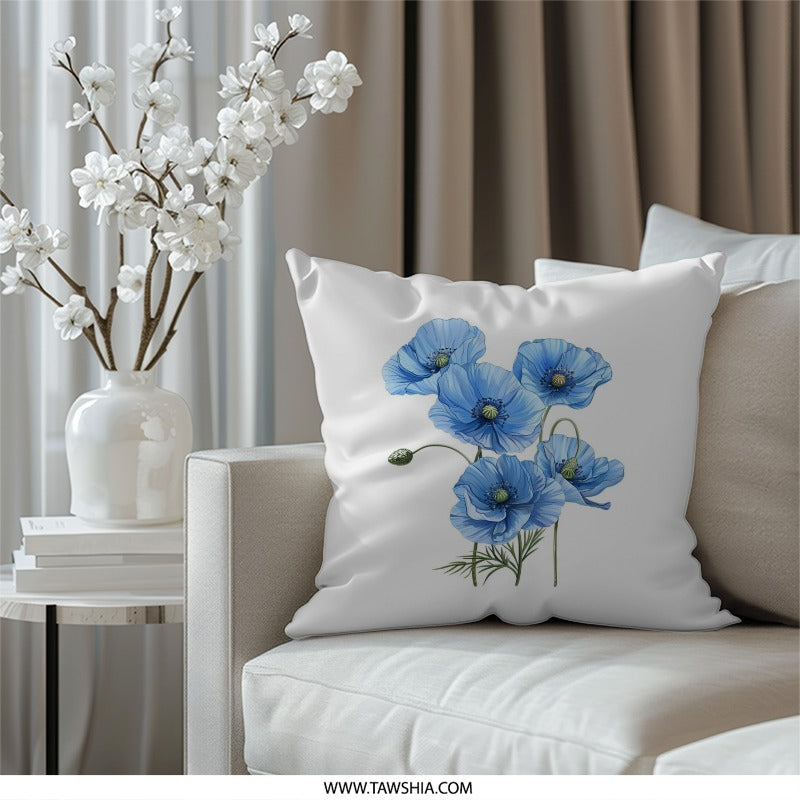 Blue Poppy Pillow, Floral Accent Pillow, Botanical Throw Pillow, Flower Garden Decor, Decorative Pillows, Home Decor Pillow - Tawshia