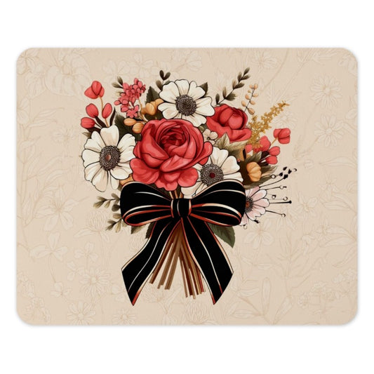 Floral Bouquet MousePad, Rose Flower, Ribbon Bow, Trendy Office Decor, Computer Accessories, Floral Desk Mat, Stylish Mouse Pad Design - Tawshia