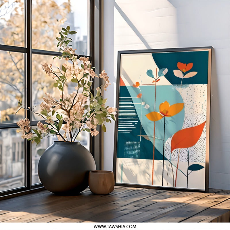 Floral Wall Art Print, Modern Abstract Flowers, Geometric Wall Decor, Botanical Art, Living Room Art, Housewarming Gift, Unique Wall Decor - Tawshia