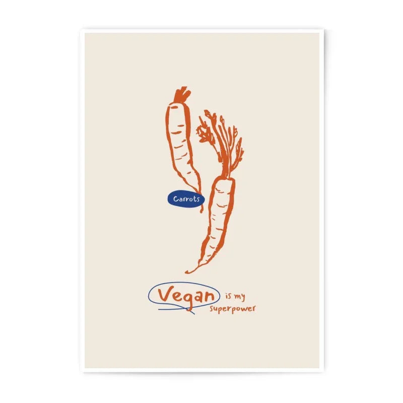 Vegan Superpower Photographic Print, Carrot Illustration Art, Kitchen Decor, Vegetable Wall Art, Vegan Art Print - Tawshia
