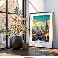 Mexico City Wall Art, Illustrated Mexico Skyline Print, Mexico Travel Poster, Landmark Art, Colorful Cityscape, Home Decor - Tawshia