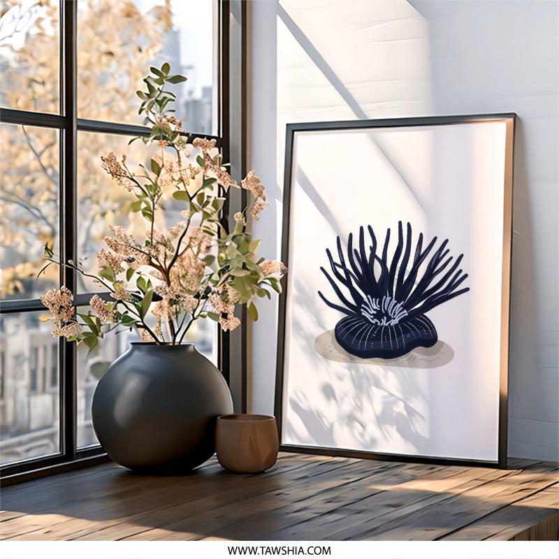 Sea Anemone Wall Art, Ocean Inspired Art, Coastal Decor Print, Modern Home Art, Navy Blue Anemone, Nautical Wall Decor, Trendy Wall Art - Tawshia