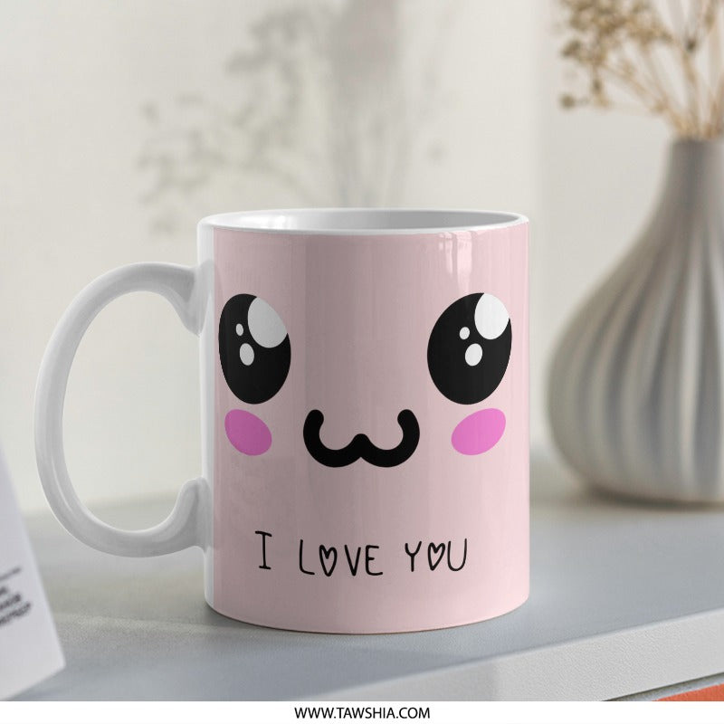 Cute Kawaii Mug, I Love You Mug, Anime Style Mug, Gift For Her, Valentine Gift, Anniversary Gift, Cartoon Face Mug, Pink Mug, Coffee Mug - Tawshia