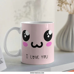 Cute Kawaii Mug, I Love You Mug, Anime Style Mug, Gift For Her, Valentine Gift, Anniversary Gift, Cartoon Face Mug, Pink Mug, Coffee Mug - Tawshia