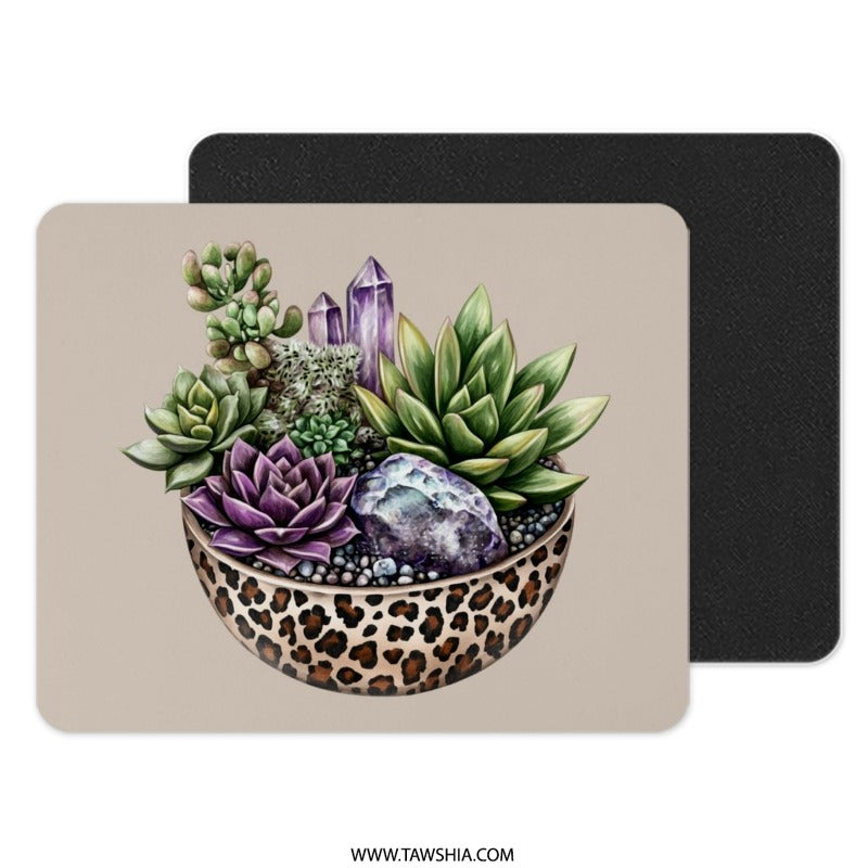 Succulent Mouse Pad, Leopard Print Bowl, Crystal Desk Accessory, Botanical Office Decor, Unique Mousepad, Succulent Lover Gift - Tawshia