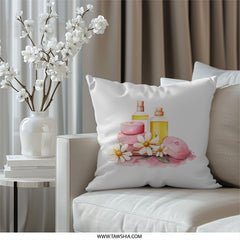Spa Day Pillow, Relaxing Scene Cushion, Soap Bottles and Flowers, Home Decor Accent Pillow, Watercolor Design Throw Pillow - Tawshia
