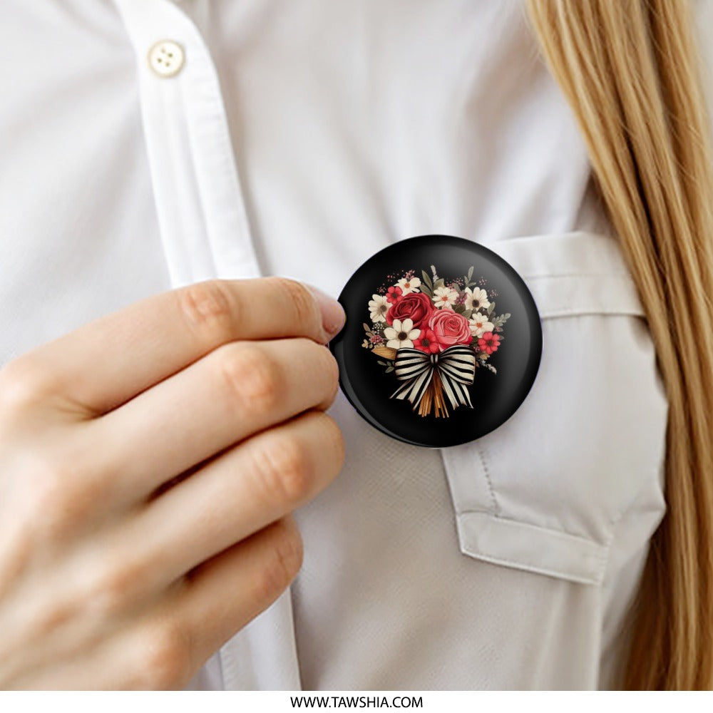 Floral Bouquet Pinback Button, Rose Pin, Flower Accessory, Striped Bow, Elegant Button, Unique Gift Idea, Trendy Button - Tawshia
