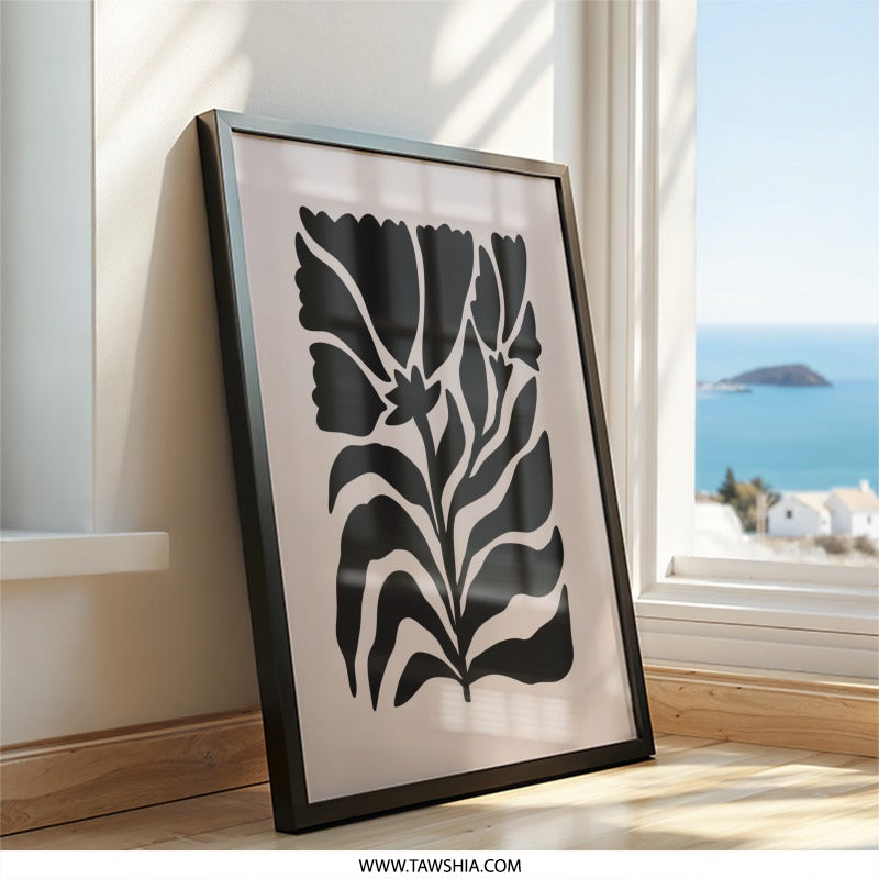 Black Floral Wall Art Print, Abstract Flower Art, Botanical Wall Decor, Minimalist Home Decor, Contemporary Art Print, Modern Wall Art - Tawshia
