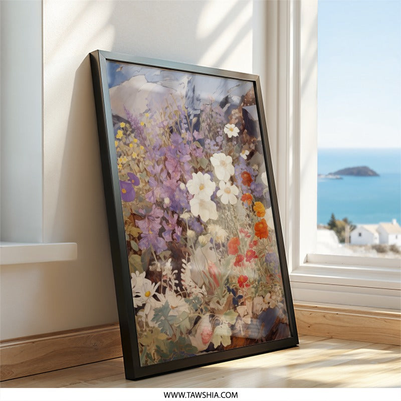 Floral Wall Art, Mountain Flowers Print, Wildflower Painting, Nature Art Print, Botanical Wall Decor, Flower Field Landscape Art - Tawshia