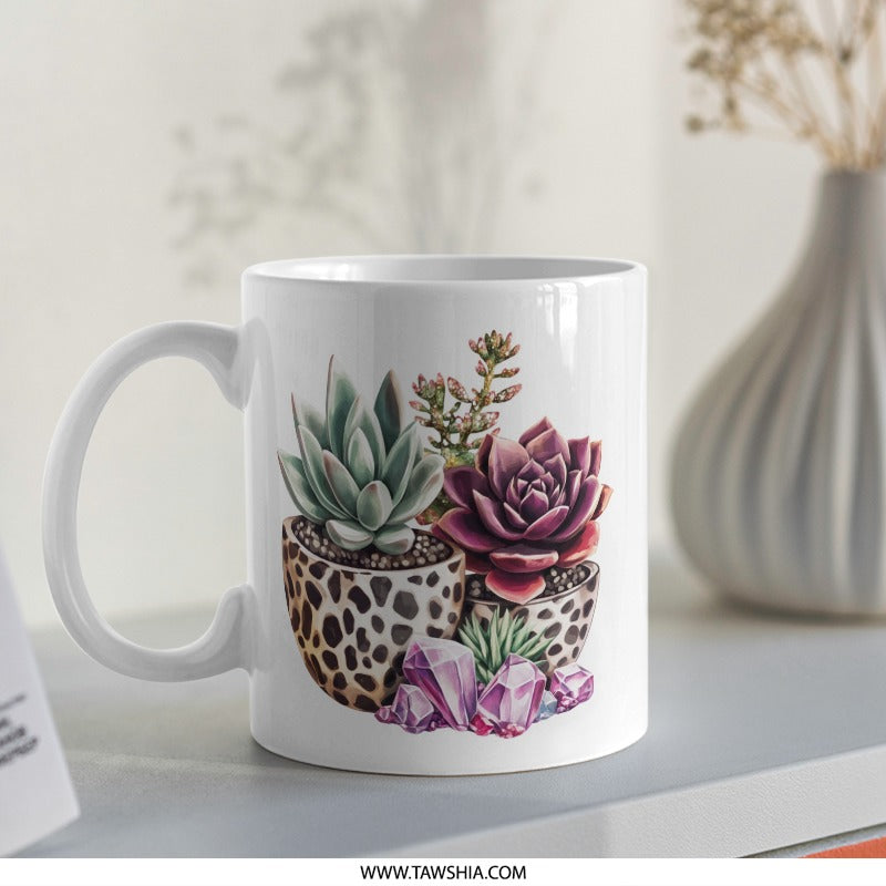 Succulent Coffee Mug, Crystal Mug, Plant Lover Gift, Unique Mug for Plant Lovers, Decorative Mug, Aesthetic Mug, Giraffe Print Mug - Tawshia
