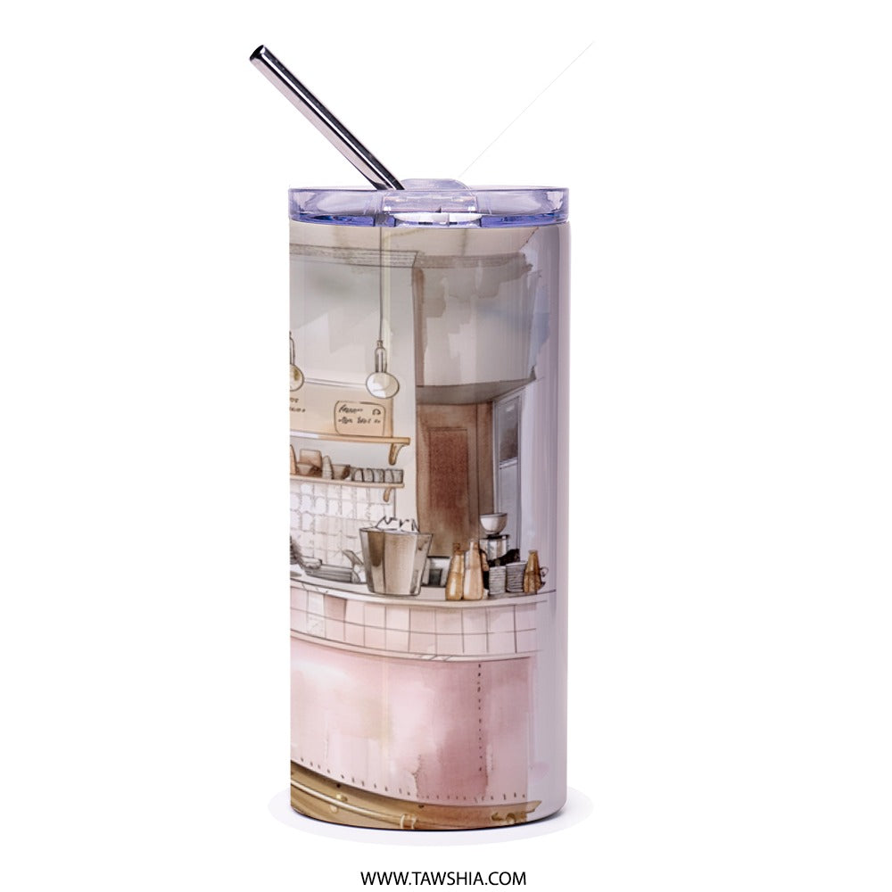 Cozy Cafe Tumbler, Watercolor Art Tumbler, Coffee Shop Tumbler, Unique Drinkware, Gift for Coffee Lovers, Artistic Tumbler - Tawshia