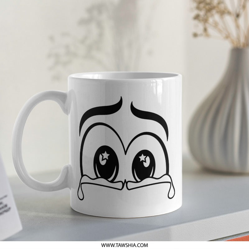 Crying Star Eyes Mug, Emoticon Coffee Mug, Funny Graphic Mug, Expressive Novelty Cup, Unique Cartoon Mug, Quirky Office Gift, Cute Mug - Tawshia
