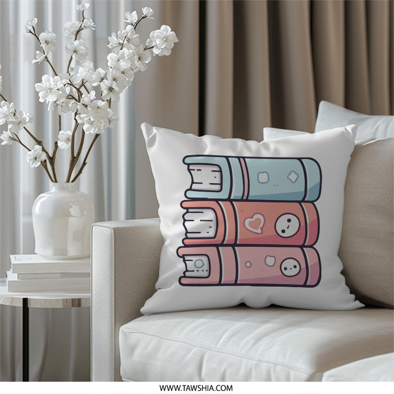 Stacked Books Pillow, Cute Book Lover Throw Pillow, Kawaii Reading Nook Decor, Pastel Bookish Accent Pillow, Cozy Bookworm Gift Idea - Tawshia