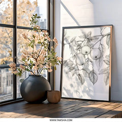 Apple Tree Branch Wall Art, Botanical Print, Pencil Drawing Art, Fruit Tree Decor, Kitchen Wall Decor, Minimalist Art, Nature Wall Art - Tawshia