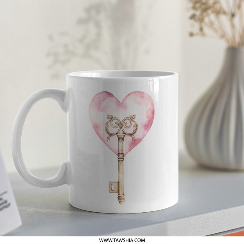 Heart Key Mug, Watercolor Mug, Love Gift Mug, Valentines Day Gift, Romantic Gift Mug, Anniversary Gift, Decorative Coffee Mug, Unique Gift - Tawshia