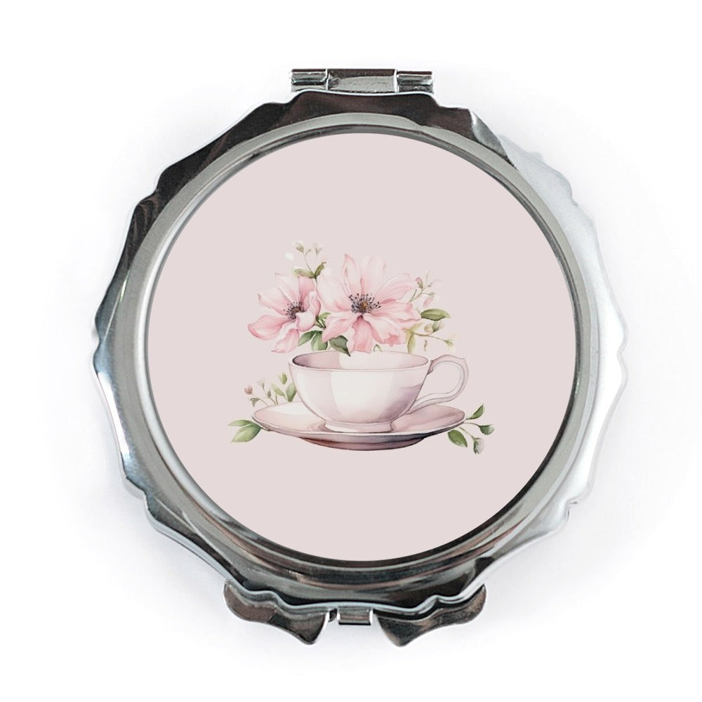 Tea Cup Pocket Mirror, Floral Pocket Mirror, Pink Flower Mirror, Elegant Compact Mirror, Aesthetic Gift for Her, Purse Mirror - Tawshia