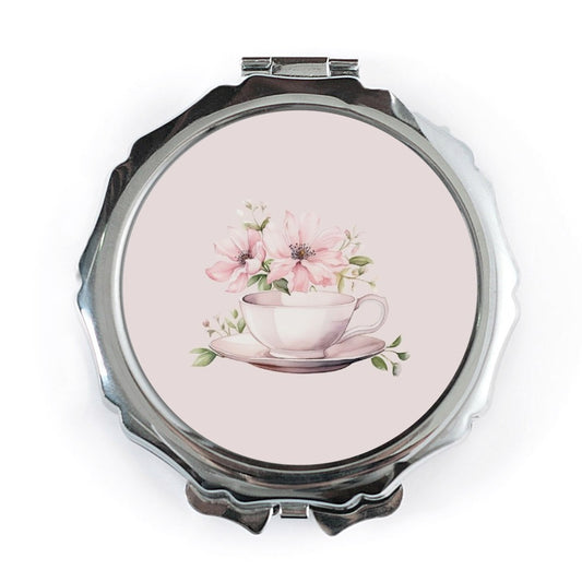 Tea Cup Pocket Mirror, Floral Pocket Mirror, Pink Flower Mirror, Elegant Compact Mirror, Aesthetic Gift for Her, Purse Mirror - Tawshia
