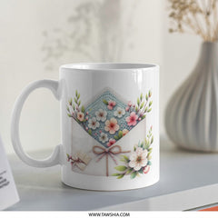 Floral Envelope Mug, Watercolor Flower Gift, Elegant Mug, Flower Bouquet Mug, Spring Flowers Coffee Cup, Unique Floral Mug, Gift for Her - Tawshia