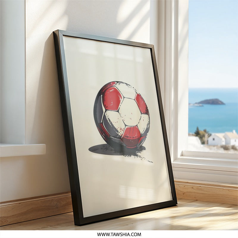 Soccer Ball Wall Art, Modern Sports Art, Football Print, Red and White Ball Decor, Game Room Decor, Kids Room Art, Framed Wall Art - Tawshia