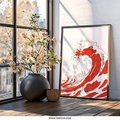 Red Wave Wall Art, Japanese Art, Ocean Wave Print, Minimalist Wall Decor, Coastal Art Print, Home Decor, Graphic Design Art (139) - Tawshia