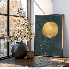 Minimalist Moon Wall Art, Flying Birds Print, Celestial Decor, Modern Home Art, Circle Graphic Print, Dark Teal, Home Decor Wall Art - Tawshia