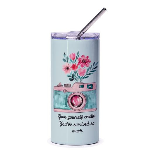 Floral Camera Tumbler, Motivational Quote Tumbler, Photography Tumbler, Gift for Photographer, Inspirational Drinkware, You Survived So Much - Tawshia