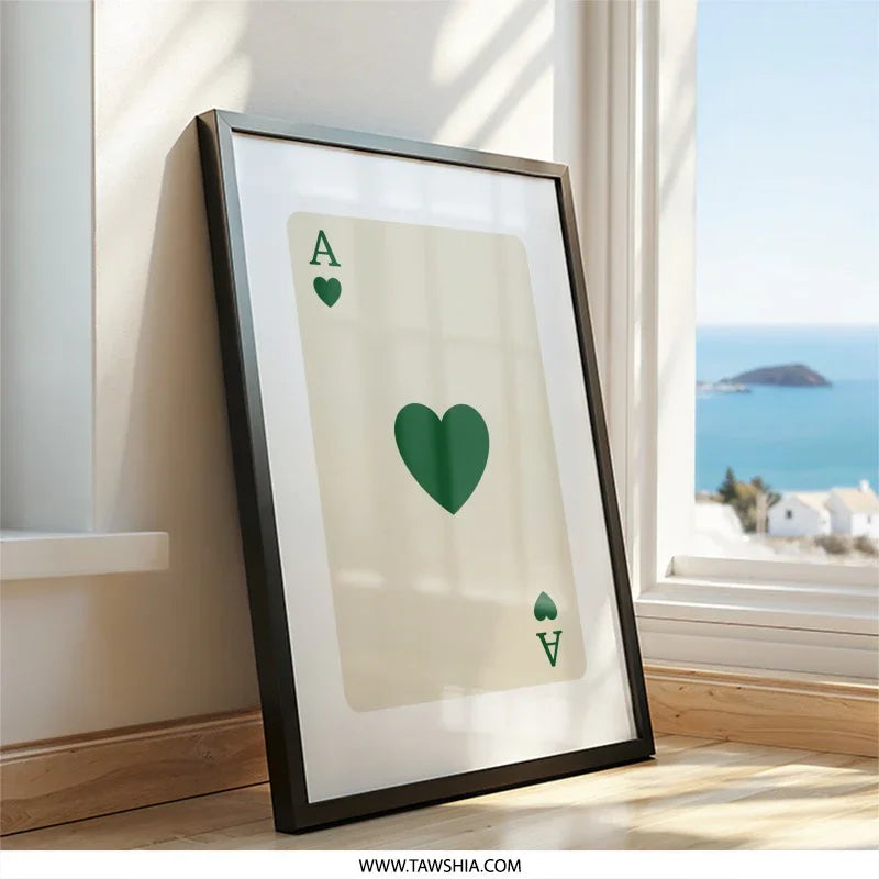 Ace of Hearts Wall Art, Green Playing Card Print, Minimalist Casino Decor, Card Game Lover Gift, Stylish Home Decoration, Card Player Art - Tawshia