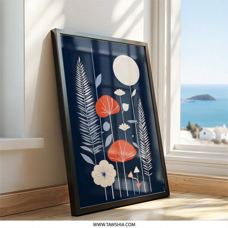 Abstract Floral Wall Art, Botanical Print, Modern Art Print, Flower Wall Decor, Nature Inspired Art, Navy Blue and Orange Wall Art - Tawshia