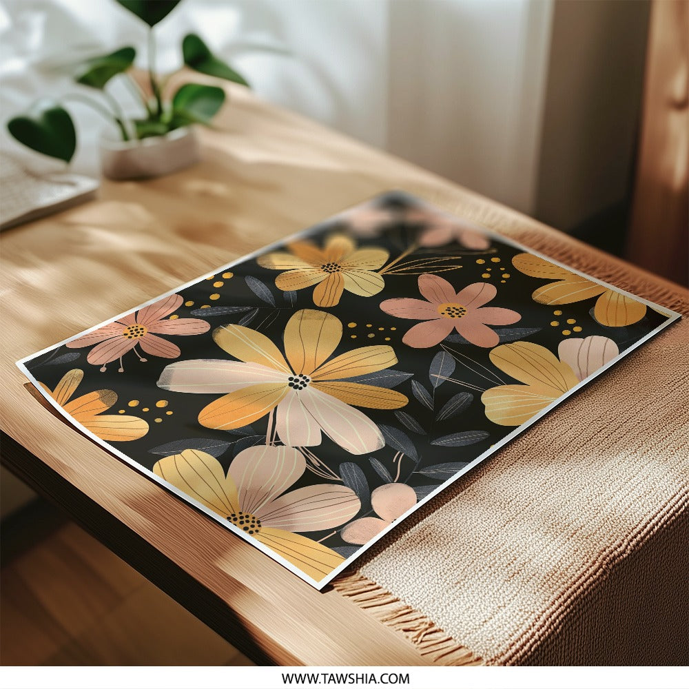 Floral Pattern Photographic Print, Yellow Pink Flower Art, Modern Home Decor, Botanical Wall Art, Stylish Floral Artwork - Tawshia