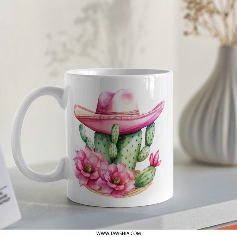 Cactus Flower Mug, Western Mug, Pink Cowboy Hat Mug, Succulent Mug, Floral Coffee Mug, Desert Mug, Cowgirl Gift, Southwestern Gift - Tawshia