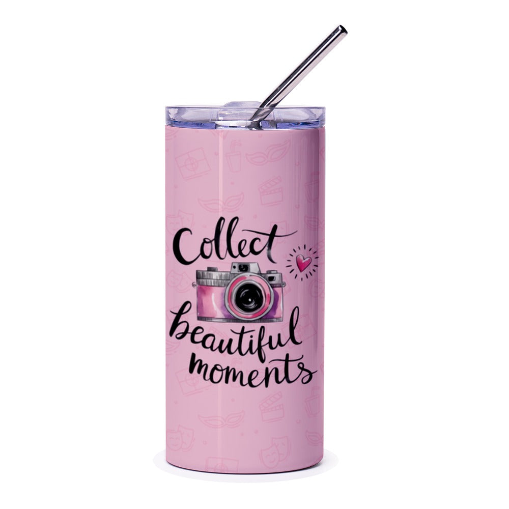 Collect Beautiful Moments Tumbler, Camera Design, Photographer Gift, Travel Mug, Photo Lover Present, Pink Tumbler - Tawshia