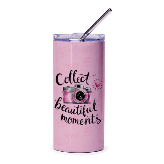 Collect Beautiful Moments Tumbler, Camera Design, Photographer Gift, Travel Mug, Photo Lover Present, Pink Tumbler - Tawshia